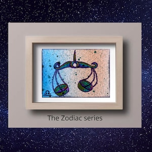 LibraTarjeta de artista, Arte miniatura, Signos del zodiaco, Pintura acrílica, Arte para coleccionar
