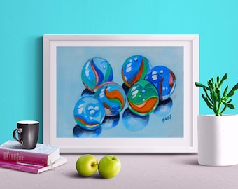 Rolling marbles, Digital downloadable print, Painting of marbles, Printable wall art, Colorful print, Instant download