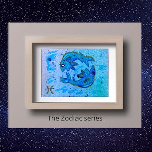 Piscis Tarjeta de artista, Arte miniatura, Signos del zodiaco, Pintura acrílica, Arte para coleccionar