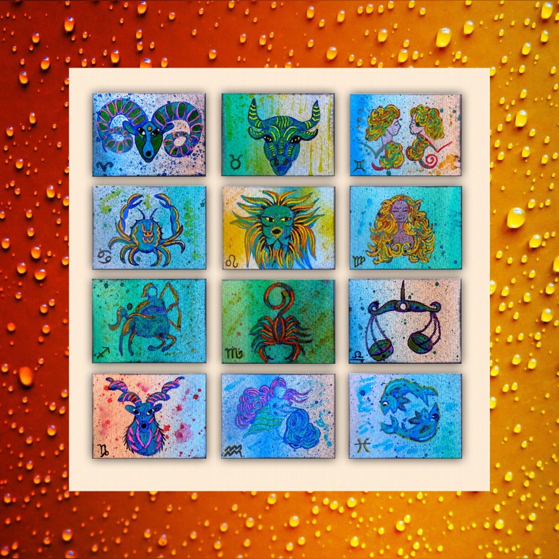 Capricorn ACEO original acrylic miniature painting Capricorn artist card Zodiac sign Colorful ACEO Zodiac sign art Capricorn art card 画像 6