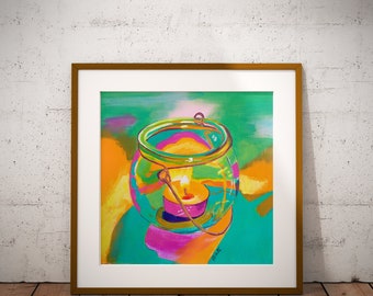 Candle in a pot art print, Digital downloadable print, Printable wall art, Colorful print, Instant download, Candle painting illustration