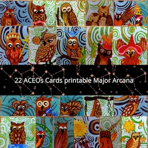 Tarot 22 arcanos mayores, Cartas Tarot ACEO, tarjetas Digitales, Tarot de búhos, Descargar Imagen,