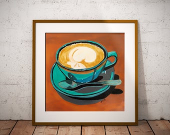 Cappuccino art print, Digital downloadable print, Printable wall art, Colorful print, Instant download, Coffee cup painting illustration