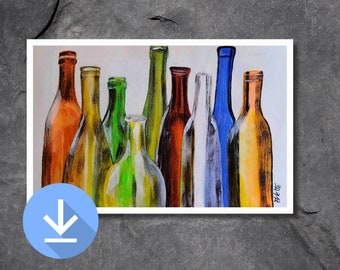 Colored bottles art print, Printable wall art,  Colorful print, Instant download, downloadable print, Kitchen decor, Kitchen wall art