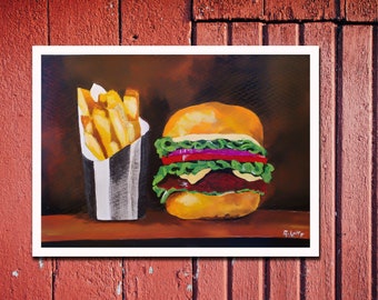 Hamburger art print, Instant download, printable art house,  Hamburger and Fries wall art, 4 files fine art print