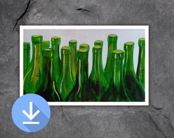 Green bottles art print, Printable wall art,  Colorful print, Instant download, downloadable print, Kitchen decor, Kitchen wall art