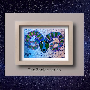 Aries Tarjeta de artista, Arte miniatura, Signos del zodiaco, Pintura acrílica, Arte para coleccionar