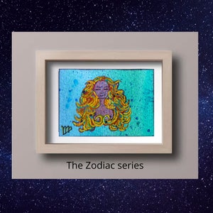 Virgo Tarjeta de artista, Arte miniatura, Signos del zodiaco, Pintura acrílica, Arte para coleccionar