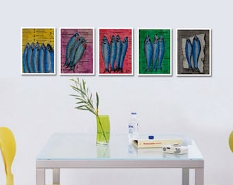 Printable set art, Fish wall art print, Set of 5 prints, Instant download art, Download fish art