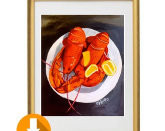 Digital download, Lobsters dish art, Lobsters painting, Instant download, Kitchen wall art, Printable wall art, Food art print