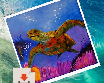 Descarga digital instantánea , Tortuga de mar, Poster para descargar, Arte digital, Arte para imprimir