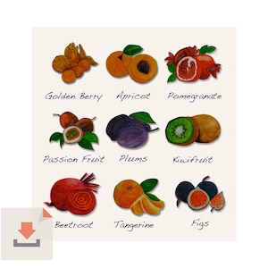 Digital download, Kitchen fruit poster, Instant Download, Fruits art print, Colorful print, Fruit illustration image 1