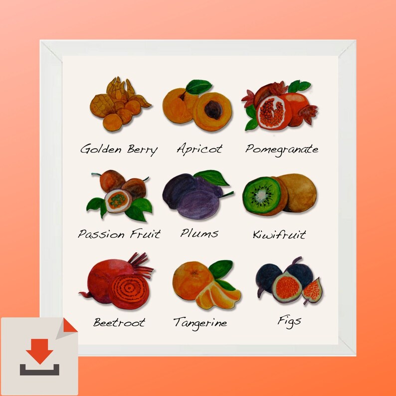 Digital download, Kitchen fruit poster, Instant Download, Fruits art print, Colorful print, Fruit illustration image 5
