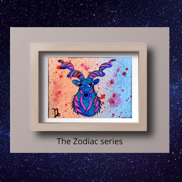 Capricorne ACEO,  peinture acrylique originale, peinture miniature, Capricorne carte d'artiste, Signe du zodiaque