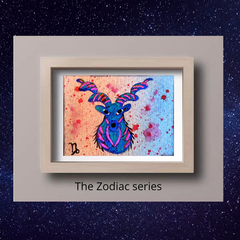 Capricorn ACEO original acrylic miniature painting Capricorn artist card Zodiac sign Colorful ACEO Zodiac sign art Capricorn art card