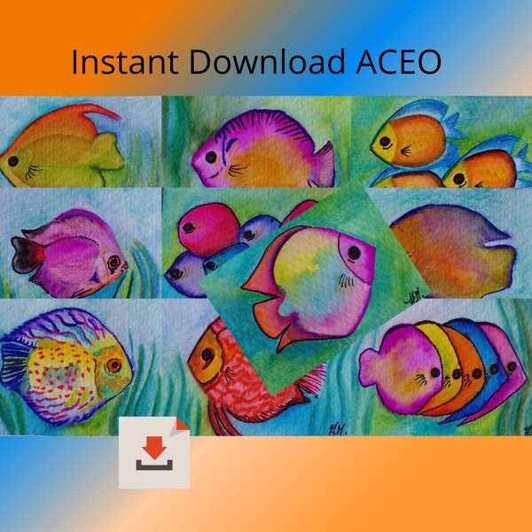 Fishes collection, printable ACEO art card, Printable for scrapbooking, digital art download, INSTANT DOWNLOAD, small colored fishes