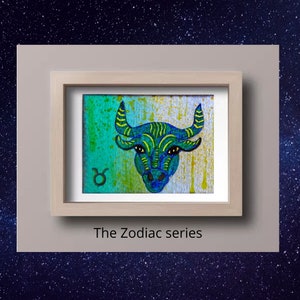 Taureau ACEO,  peinture acrylique originale, peinture miniature, Taureau carte d'artiste, Signe du zodiaque