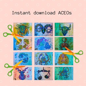 ACEO printable, SET of 12 ACEO cards sign zodiac, Digital cards, Collage Sheet printable tags, Download Image Tags Digital, aceo Zodiac