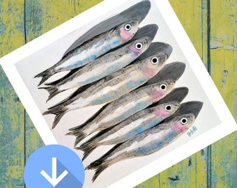 Sardines painting, Instant download,  art print, Printable wall art, Sardines illustration, 4 files, still life artwork