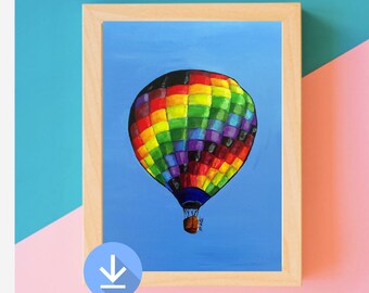 Hot air balloon, Instant download printable art house, Art print decor, Hot air balloon nursery wall art, 4 files