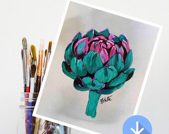 Artichoke painting, Instant download,  art print, Printable wall art, artichoke illustration, 4 files, still life artwork, artichoke art