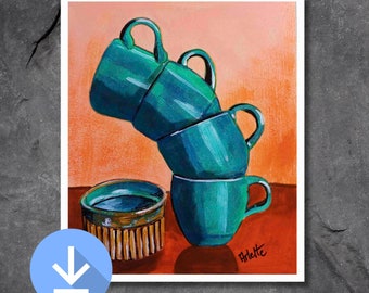 Blue coffee cups, Digital downloadable print, Printable wall art, Colorful print, Instant download, Coffee cup painting illustration