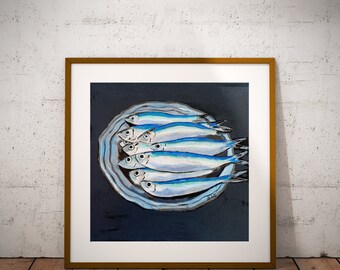 Anchovies painting, Instant download,  art print, Printable wall art, anchovies illustration, 4 files, still life artwork, fishes art