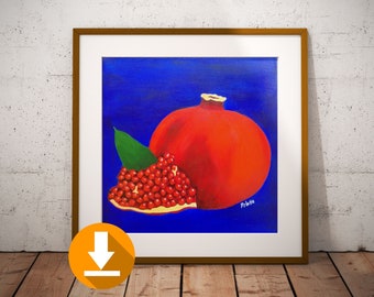 Pomegranate fruit art print instant download, Printable art decor, wall art, 4 files, red fruit acrylic art print, fine art,