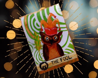 The Fool Tarot ACEO card, Original Painting, Owl Tarot Card, Major Arcana, Tarot art lovers, Original acrylic ACEO