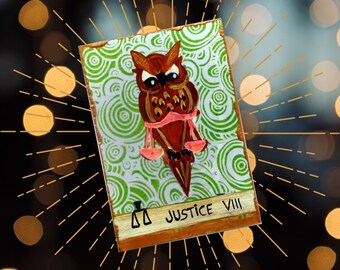 Justice Tarot ACEO card, Original Painting, Owl Tarot Card, Major Arcana, Tarot art lovers, Original acrylic ACEO