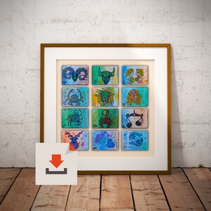 Zodiac Signs Digital download,  Instant Download, Colorful print, Zodiac Poster downloadable prints, images DIY Crafts scrapbooking