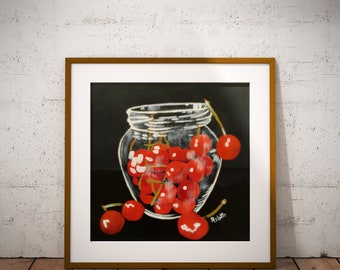 Cherries jar, Instant download,  art print, Printable wall art,  Cherries illustration, 4 files, still life artwork