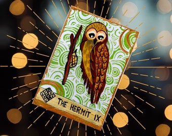 The Hermit Tarot ACEO card, Original Painting, Owl Tarot Card, Major Arcana, Tarot art lovers, Original acrylic ACEO