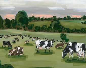 Abstract Cows Grazing in Field Printed Canvas