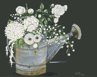 Watering Can and Flowers Printed Canvas