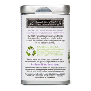 May include: A rectangular metal tin with a silver lid and a white label. The label features text about herbal infusions for pregnancy and postpartum, with the brand name "Birds & Bees Teas". The tin is made of recycled steel.
