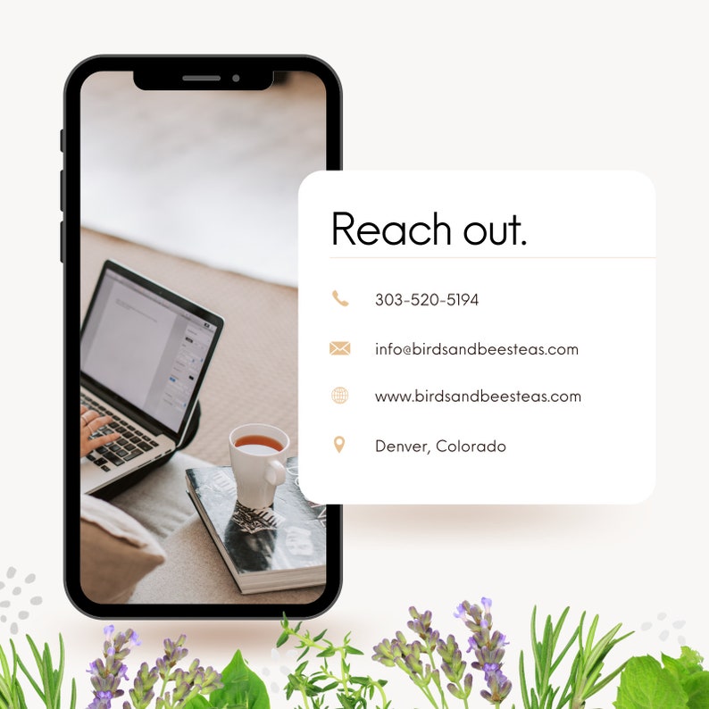 May include: A smartphone screen displaying contact information for a business called "Birds and Beesteas." The text reads "Reach out." with a phone number, email address, website address, and location: Denver, Colorado.