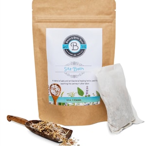 May include: A brown paper bag with a white label that says "Birds & Bees Teas" and "Sitz Bath". The label also says "A blend of salts and antibacterial healing herbs used for soothing the perineum after labor." and "6.4 oz - 4 Sachets". There is a white pouch with a brown paper bag inside.