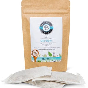 May include: A brown paper bag with a white label that says "Birds & Bees Teas" and "Sitz Bath". The label also says "A blend of salts and antibacterial healing herbs used for soothing the perineum after labor." and "3.2 oz - 3 Uses". There are three white tea bags in front of the bag.