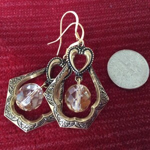 Art Deco /Nouveau Earrings, Antiqued Gold Brass Earrings, Yellow Czech Glass Crystal Earrings. Heart Dangle Earrings