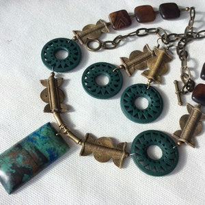 African brass beaded necklace and earrings set. Rectangular chrysocolla pendant