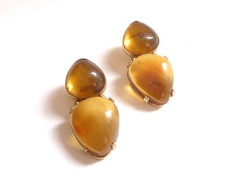 18KT 1970'S Gold and Amber Earrings Clip On 1970s