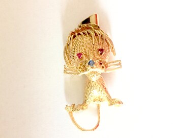 14 Karat Gold Lion Pendant with Ruby Eyes Sapphire Nose