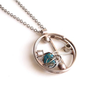 Abstract Handmade Mid Century 1970&#39;s Sterling and Turquoise Pendant Necklace