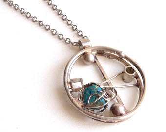 Abstract Handmade Mid Century 1970's Sterling and Turquoise Pendant Necklace