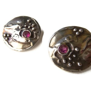 Handmade 1970s  Earrings Signed Sterling  Engraved Davis Ruby Stones