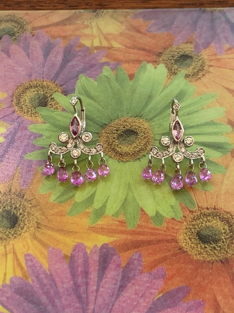 18KT PINK SAPPHIRE DIAMOND Earrings Briolette and Marquise Pink Sapphires Dangle image 1