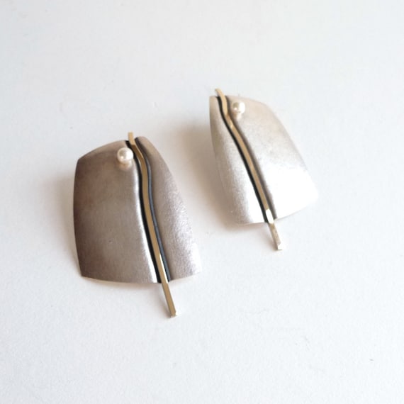 1980s Handmade Sterling Silver and 14k Gold Earrin