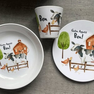 Kindergeschirr mit Namen personalisiert, Taufgeschenk, Geschenk Taufe Geburt, Kinderteller Set, erster Geburtstag, Bauernhof, Geschenk image 2