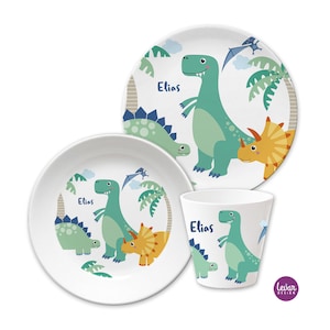 Children's tableware with name, children's gift personalized, gift baptism birth, first birthday, children's plate set melamine, dinosaur